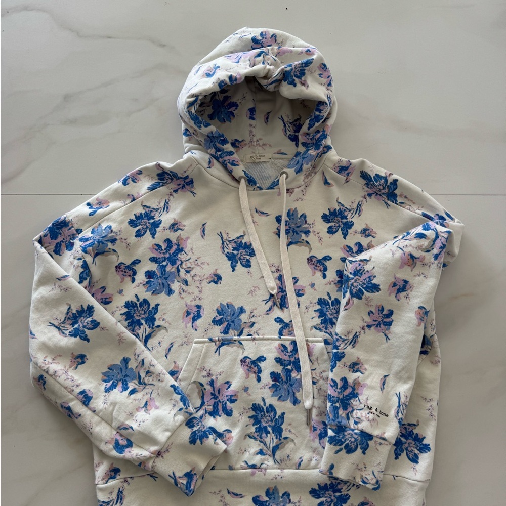 rag & bone Cream and Blue Floral Hoodie Sweater